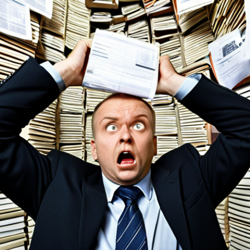 **Prompt:** A bewildered Polish individual, perhaps "Pan Kowalski," surrounded by towering stacks of official-looking Polish legal documents, dense tax codes, and complex, messy Excel spreadsheets. He clutches his head in frustration, looking overwhelmed and lost in a labyrinth of regulations, representing the initial confusion and struggle with traditional Polish property tax methods. The scene evokes a sense of drowning in bureaucracy and complicated paperwork.